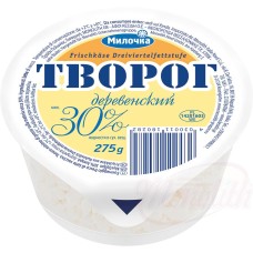 Fromage à la crème" "Tworog Derewenskij" "30% de graisse i.Tr." Творог свежий деревенский "Милочка" 30% жирности