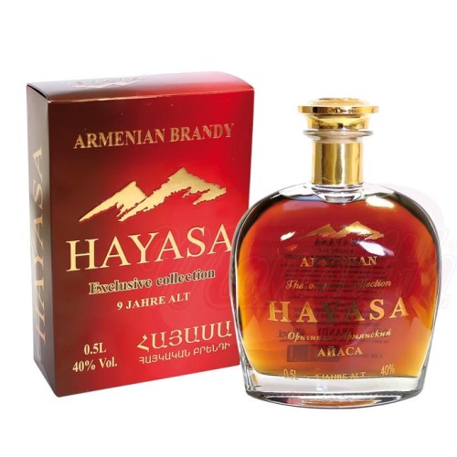 Eau-de-vie arménienne "Hayasa" coffret cadeau, 9 ans dâge 40% vol. Армянский коньяк "Айаса" 9 лет выдержки 40% алк. 0.5L