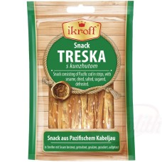 IKROFF" Snack à base de morue du Pacifique en lamelles, avec sésame, séchées, salées, sucré, décongelé.