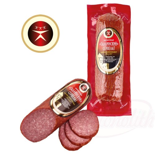 Saucisse à gros grains "Tallin", fumée, avec hydrolysat de protéines de maïs et de colza, affinée à larôme de bacon Полукопчёный сервелат "Таллинский"