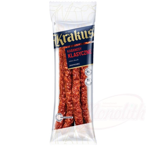 Saucisse de porc "Kabanossi Classic", haché moyennement gros, fumé, échaudé, séché. Колбаски свиные "Kabanossi Classic", варёно-копчёные, сухие.