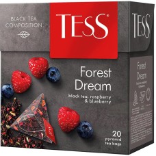 Thé noir "Tess Forest Dream", aromatisé- framboise et myrtille, avec des feuilles de cassis, des pétales de rose et de lhibiscus, en sachets de thé pyramidaux