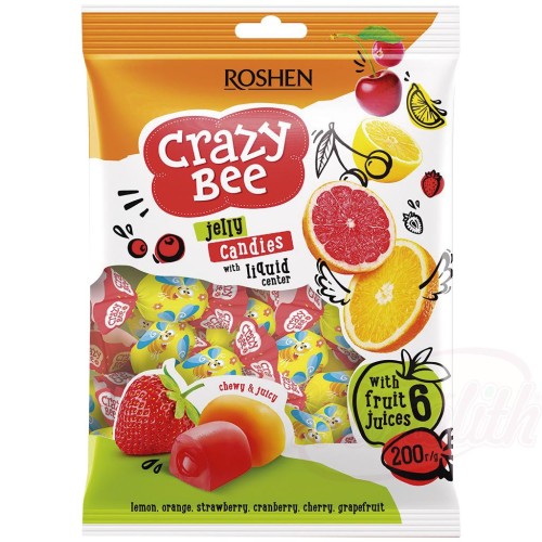 Crazy Bee Fruity" mélange de confiseries gélifiées fourrées (12%) aux parfums suivants : fraise, canneberge, griotte, pamplemousse, citron, orange.